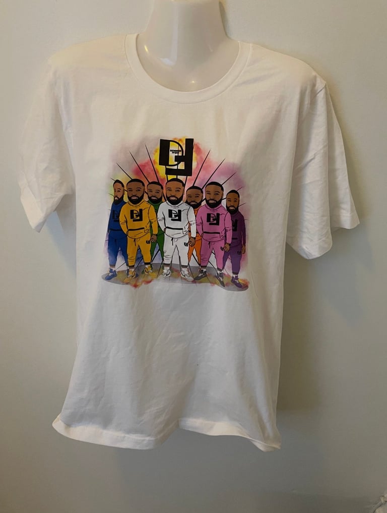 White t-shirt with cartoon illustration of six diverse figures in colored sports uniforms with a glowing yellow logo above their heads