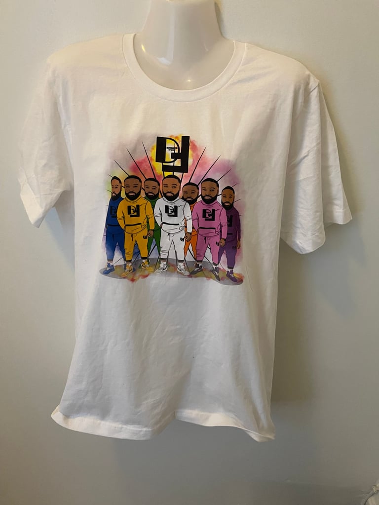 White t-shirt with graphic of five cartoon figures in colorful basketball uniforms and glowing halo effect