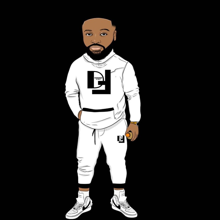 Illustration of a bearded man wearing a white hoodie and matching white joggers with logo details, standing against a black background